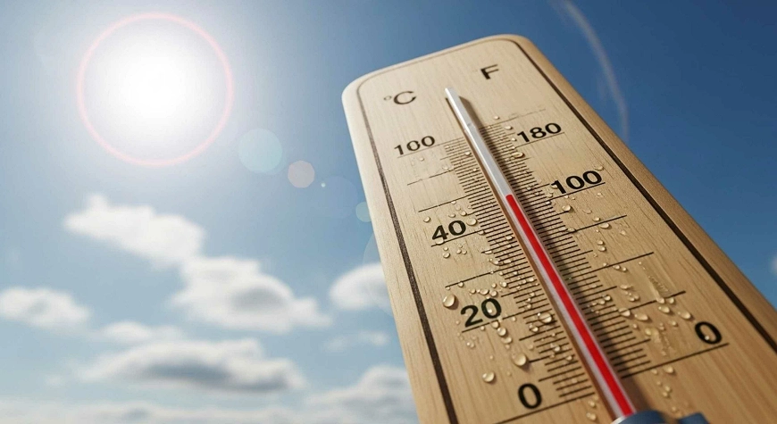 Thermometer reading triple-digit temperatures under a blazing summer sun